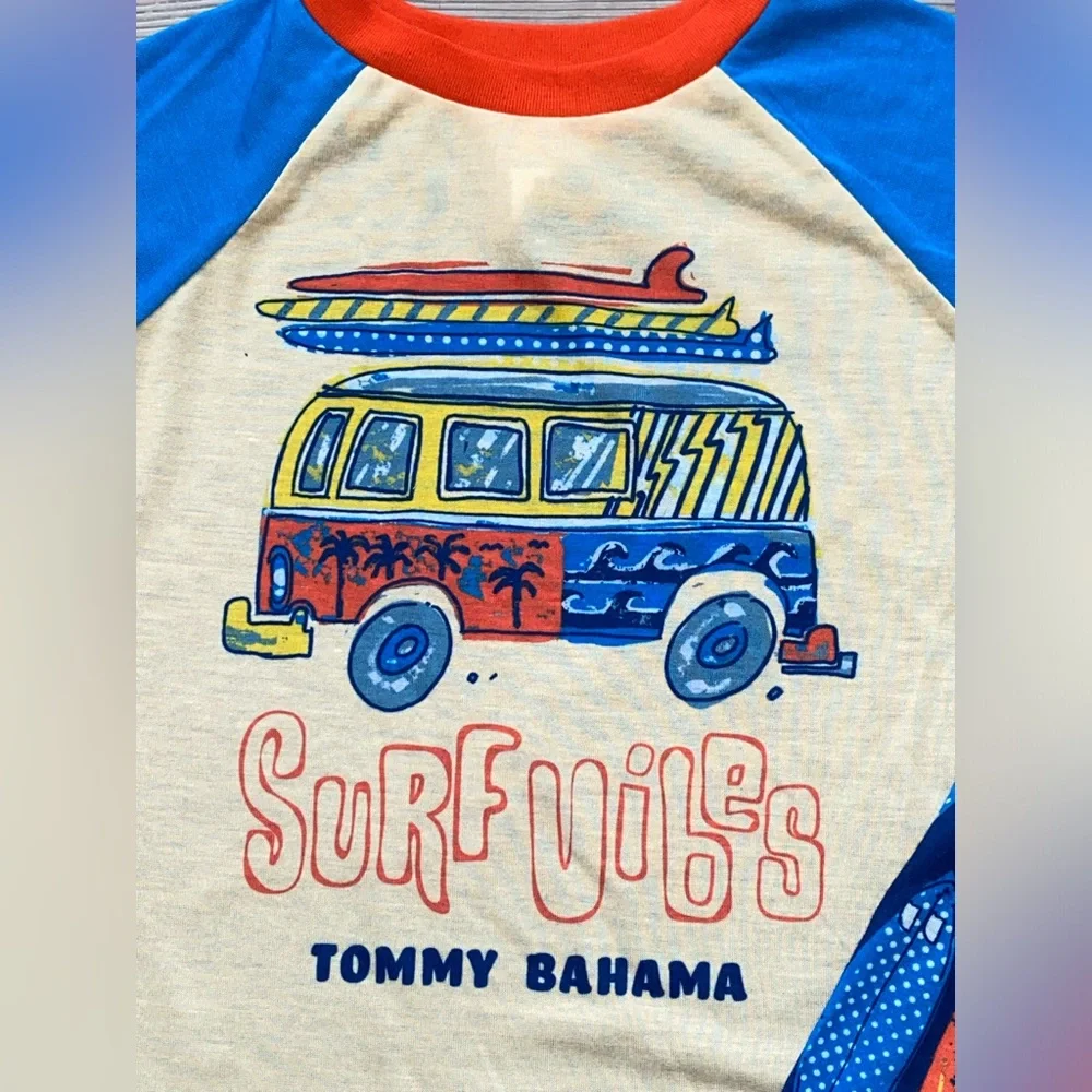 NWOT Tommy Bahama Blue Yellow Surf Vibes Pajamas PJs 2pc Matching Shorts Set 6 7